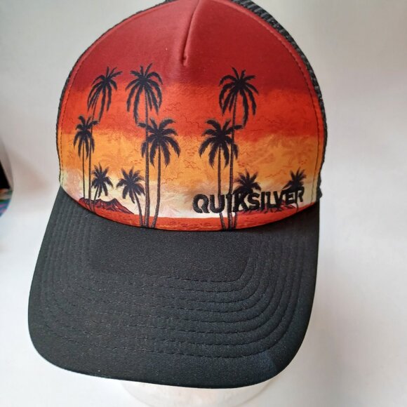 Quicksilver Trucker Hat Cap Snapback Orange Black Sunrise Sunset with Palm Trees - Picture 9 of 9
